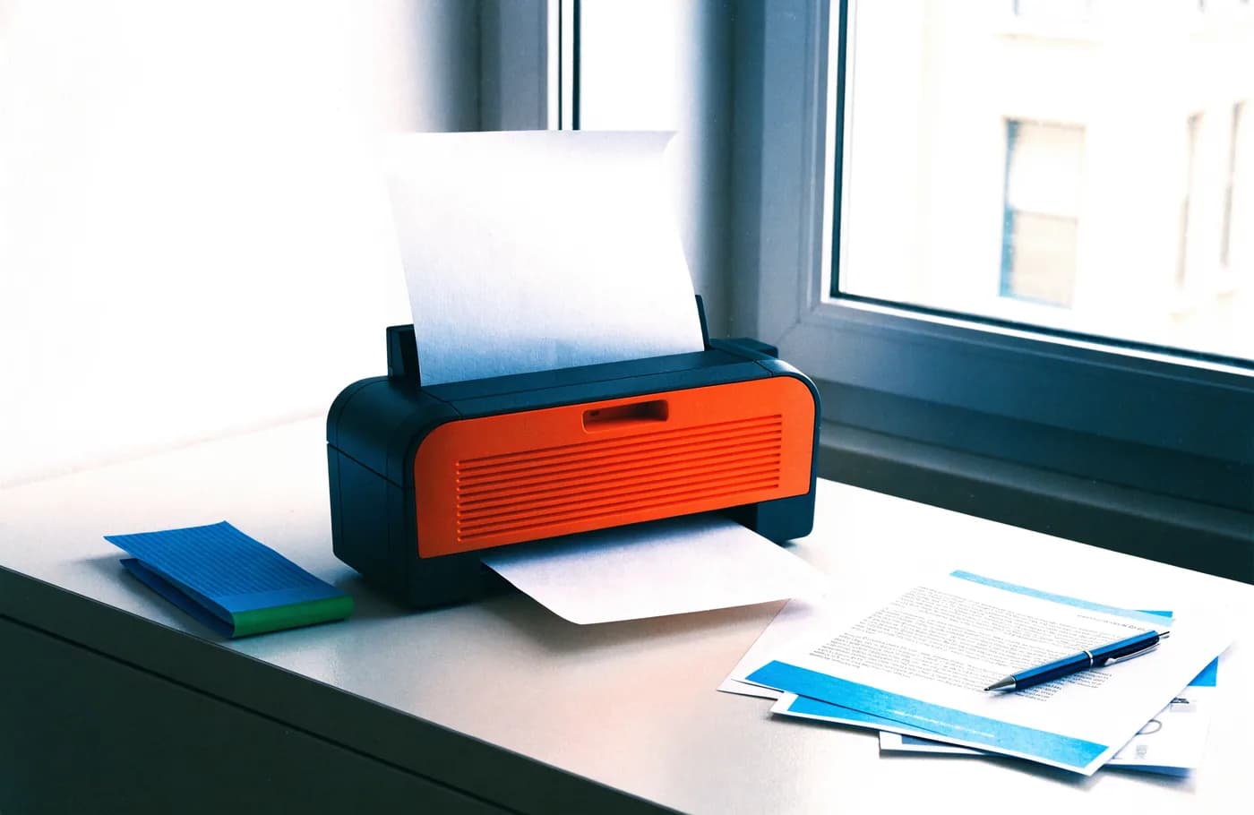 Imprimante sur un bureau à côté d'une notice pliée, de documents imprimés et d'un stylo